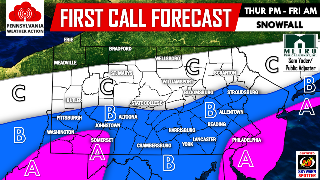 FIRST CALL Snowfall Forecast For Thursday Evening into Friday Morning