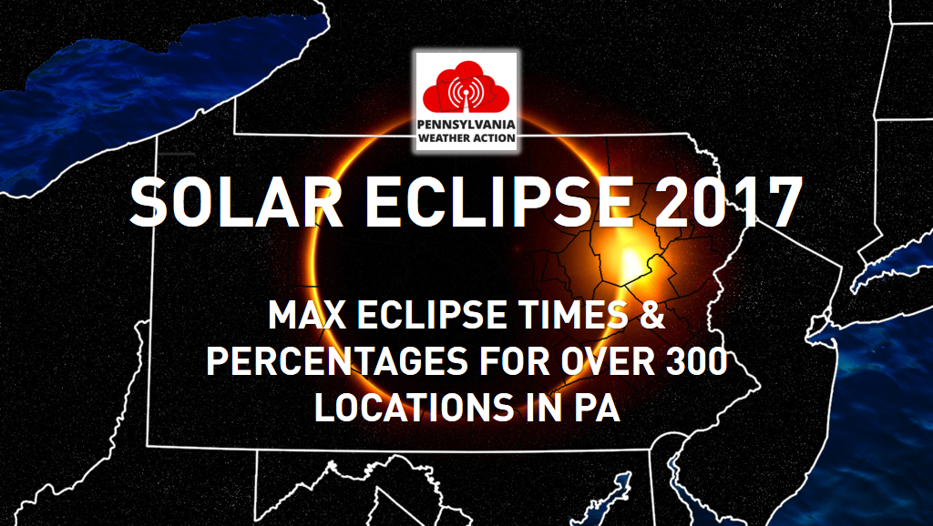 2017 Solar Eclipse – Pennsylvania Max Coverage Times & Percentages