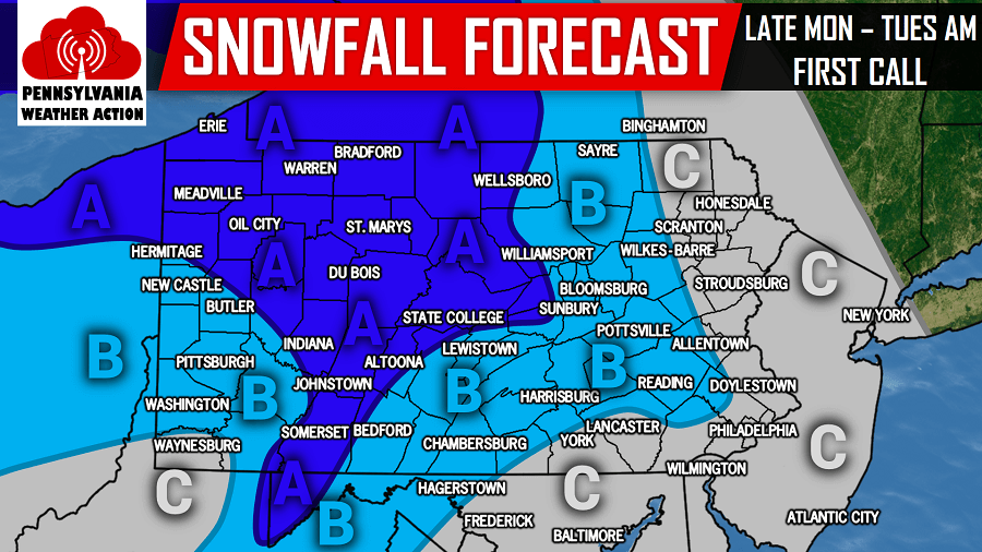 First Call Snow Totals Monday night into Tuesday Morning