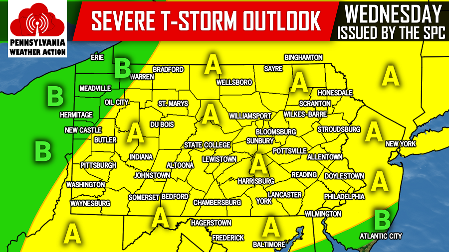 Severe Thunderstorms Capable of Producing Damaging Winds in excess of 60 MPH Expected Wednesday