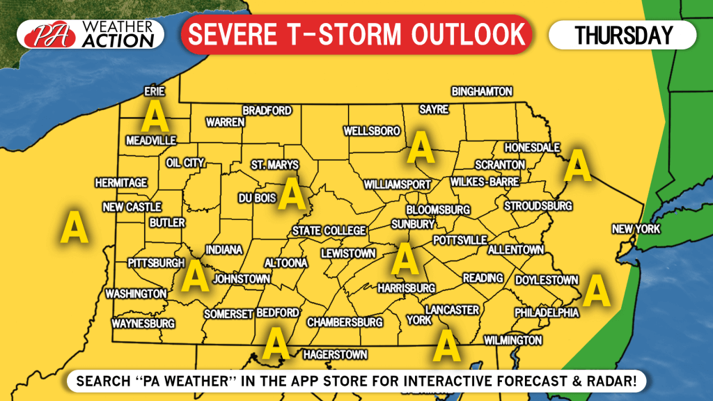 Severe Thunderstorms Possible Thursday; Risk of Damaging Winds, Hail, & Isolated Tornadoes