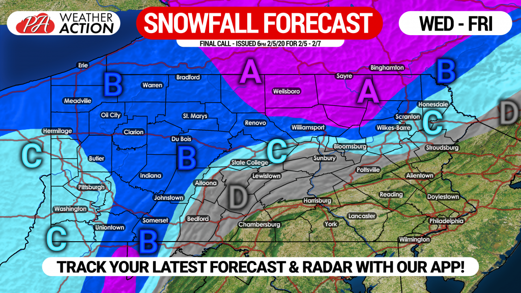 Freezing Rain Tonight, Heavy Snow Expected for Parts of PA Friday; Final Call Forecast Maps