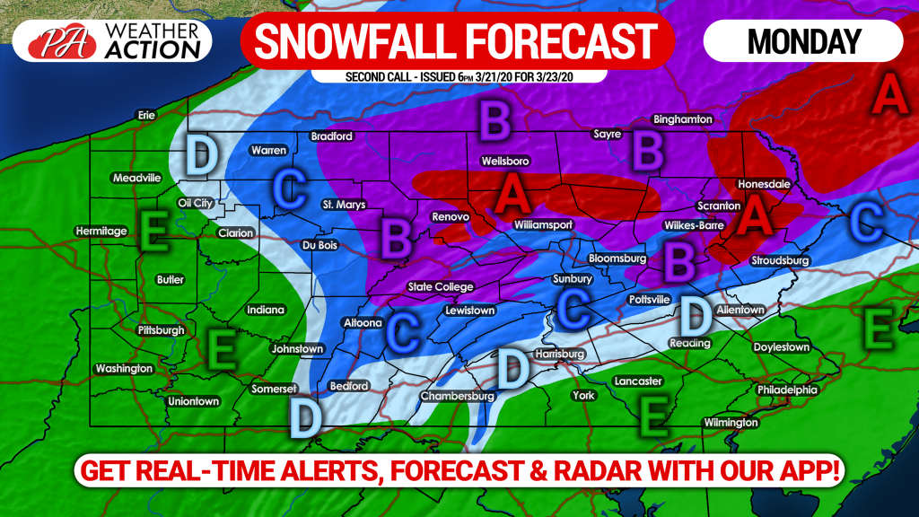 Second Call Snowfall Forecast & Timing for Monday’s Winter Storm (Updated)