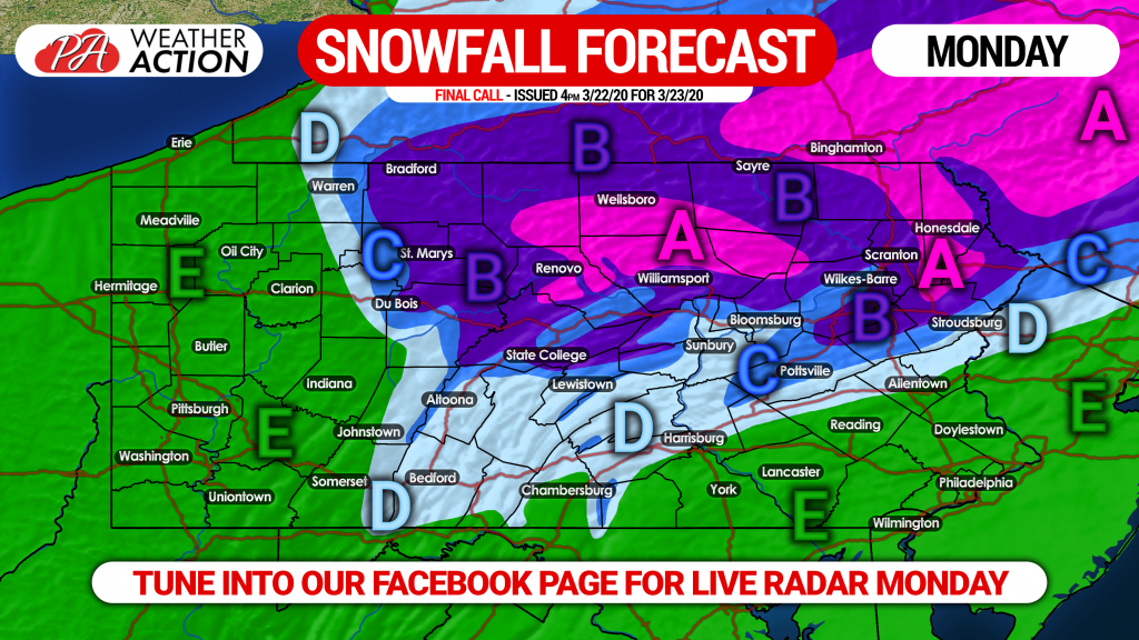 FINAL Call Snowfall Forecast & Future Radar Timing for Monday’s Winter Storm