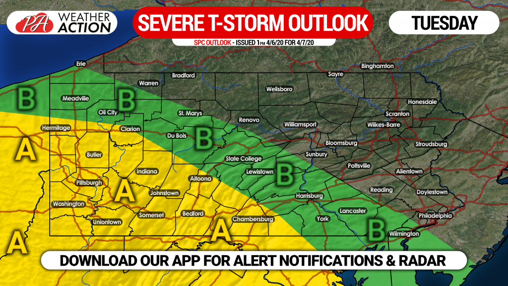 Scattered Severe Thunderstorms Possible Tuesday in Western & Central Pennsylvania; Damaging Winds & Large Hail Main Risks