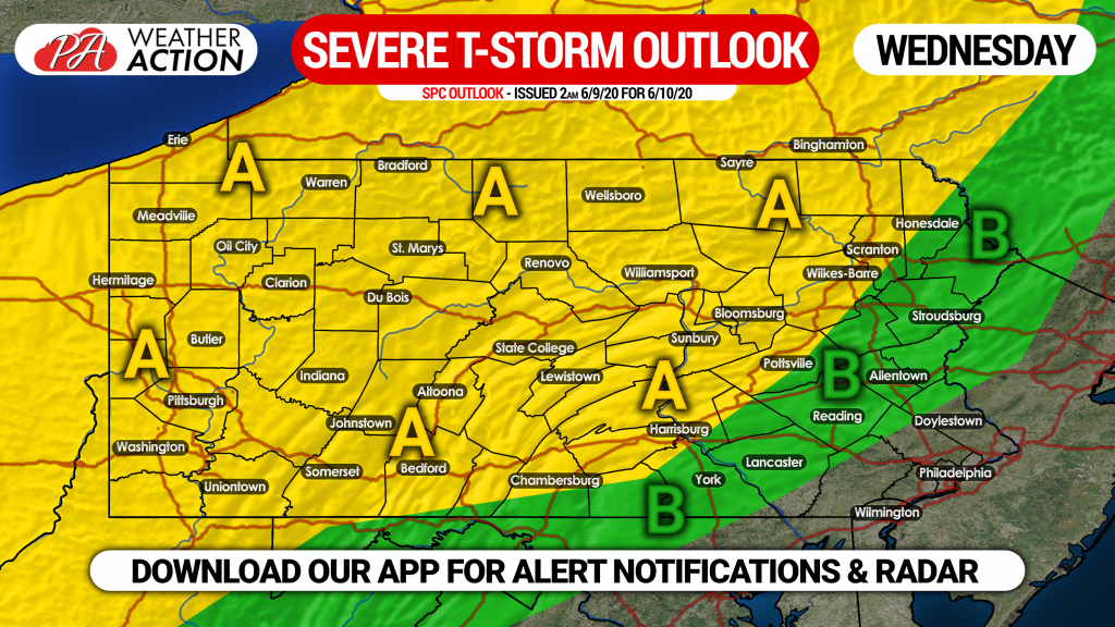 Strong to Severe Storms Likely in Much of Pennsylvania Wednesday; Damaging Winds & Hail Threat