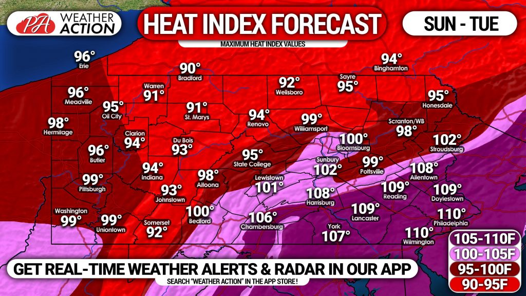 Dangerous Heat Wave to Grip PA Sunday – Tuesday; Heat Indexes Up to 110F Expected