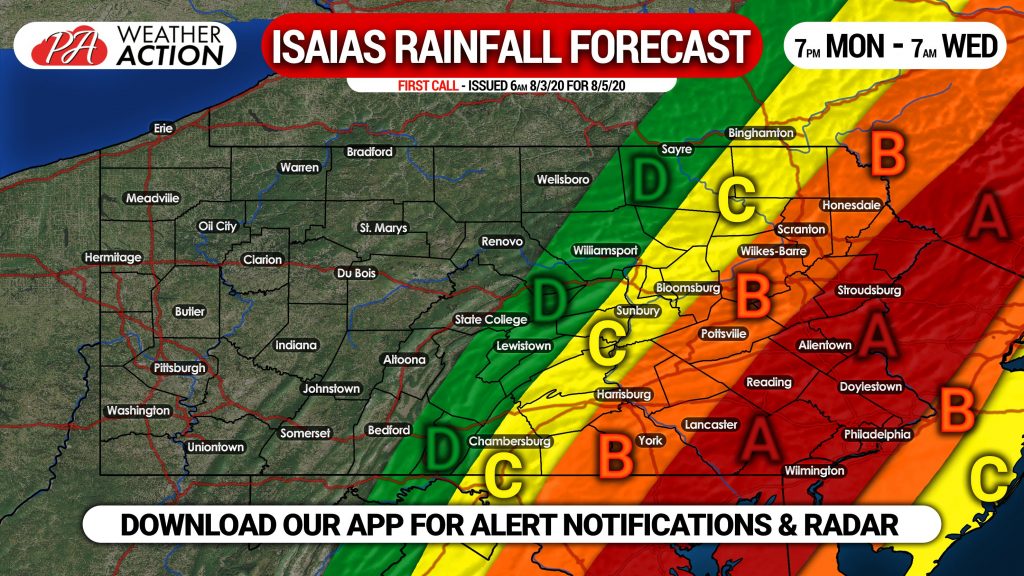 Tropical Storm Isaias to Bring Heavy Rain to Pennsylvania Early This Week; Flash Flooding Possible With Up to 5″ of Rain Likely