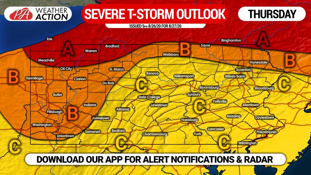 Enhanced Risk for Severe Thunderstorms In Parts of PA Thursday; Damaging Winds, Large Hail, & Tornadoes Possible