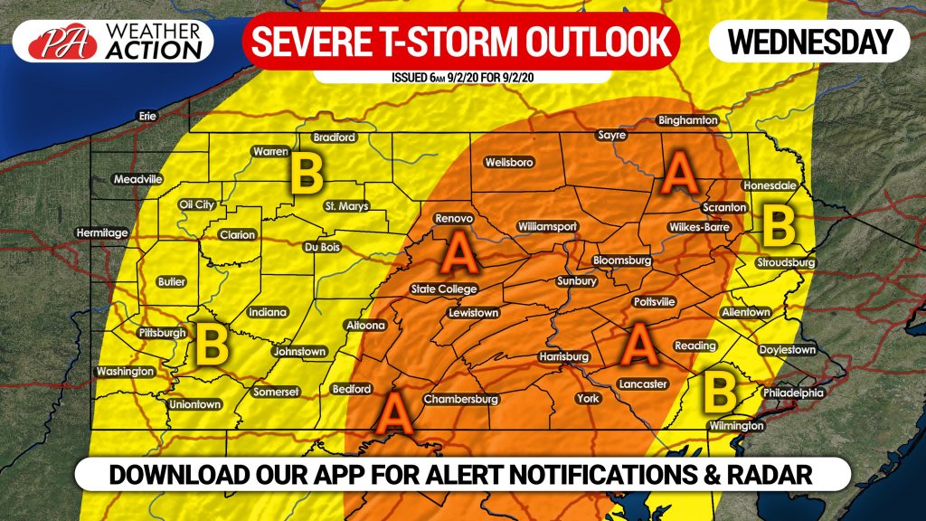 Strong to Severe Thunderstorms Possible Wednesday In Much of PA; Damaging Wind & Isolated Tornado Threat