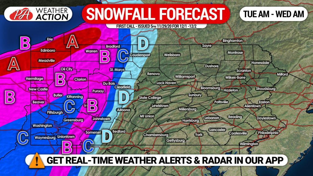 First Call Snowfall Forecast for Tuesday’s Wrap-Around Snow in Pennsylvania