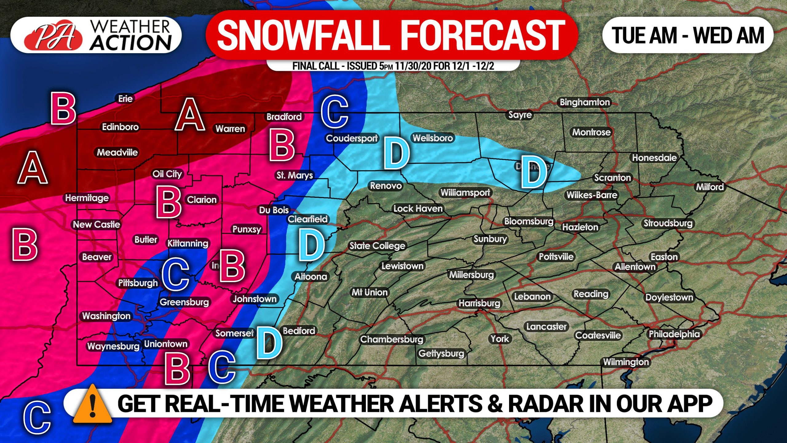 Final Call Snowfall Forecast for Tuesday's Western PA Snowstorm PA