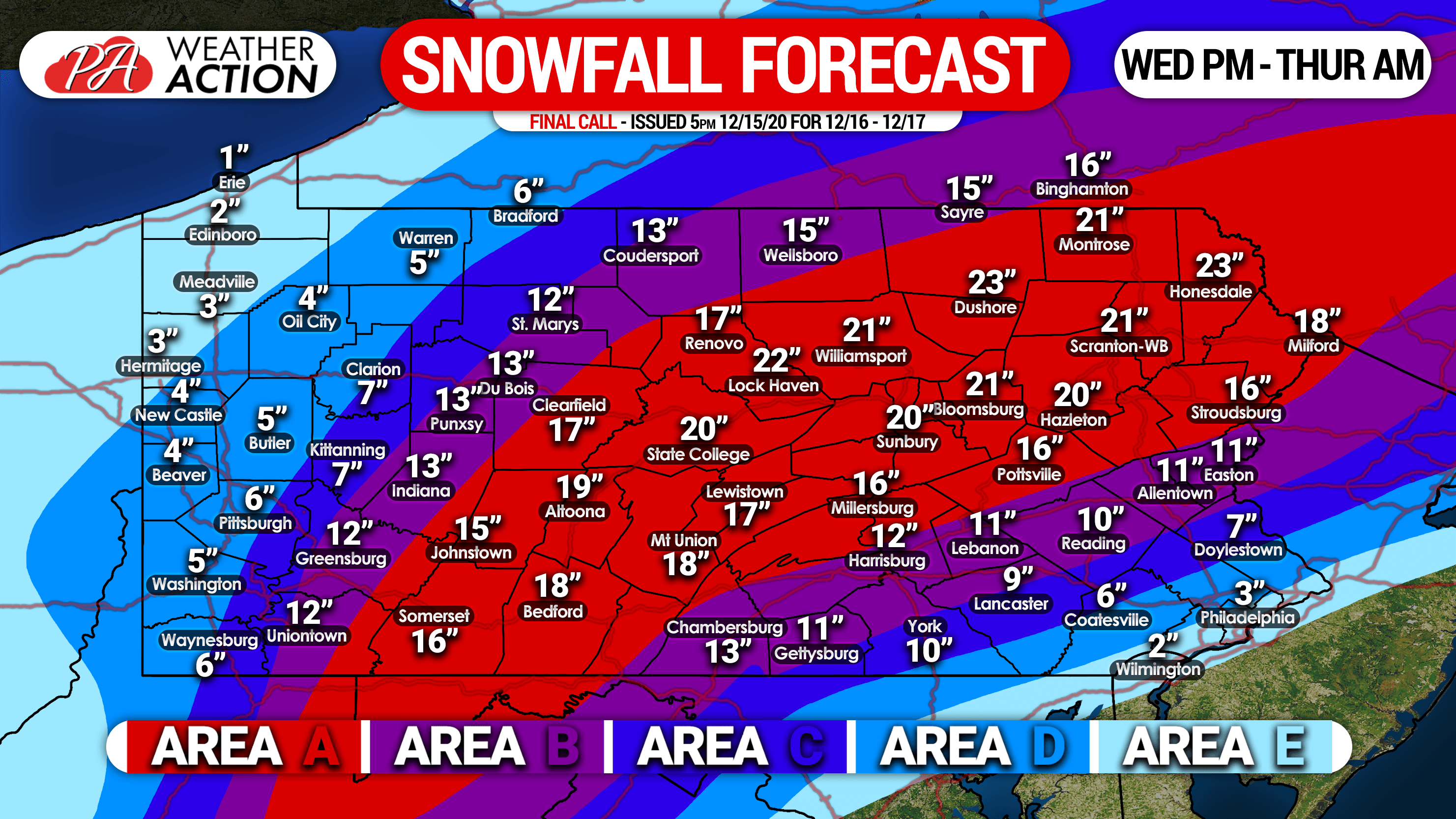 Final Call Snowfall Forecast for Wednesday’s Historic Winter Storm PA