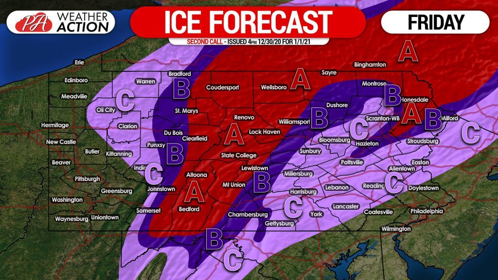 Ice Storm Likely Friday (New Year’s Day) In Parts of Pennsylvania; Second Call Ice Forecast