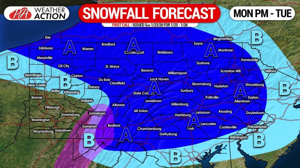 First Call Snowfall Forecast for Monday Night into Tuesday’s Winter Storm
