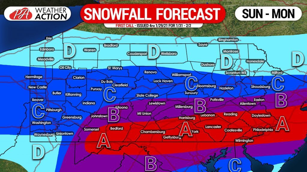 First Call Snowfall Forecast for Sunday – Monday’s Significant Snowstorm in Pennsylvania