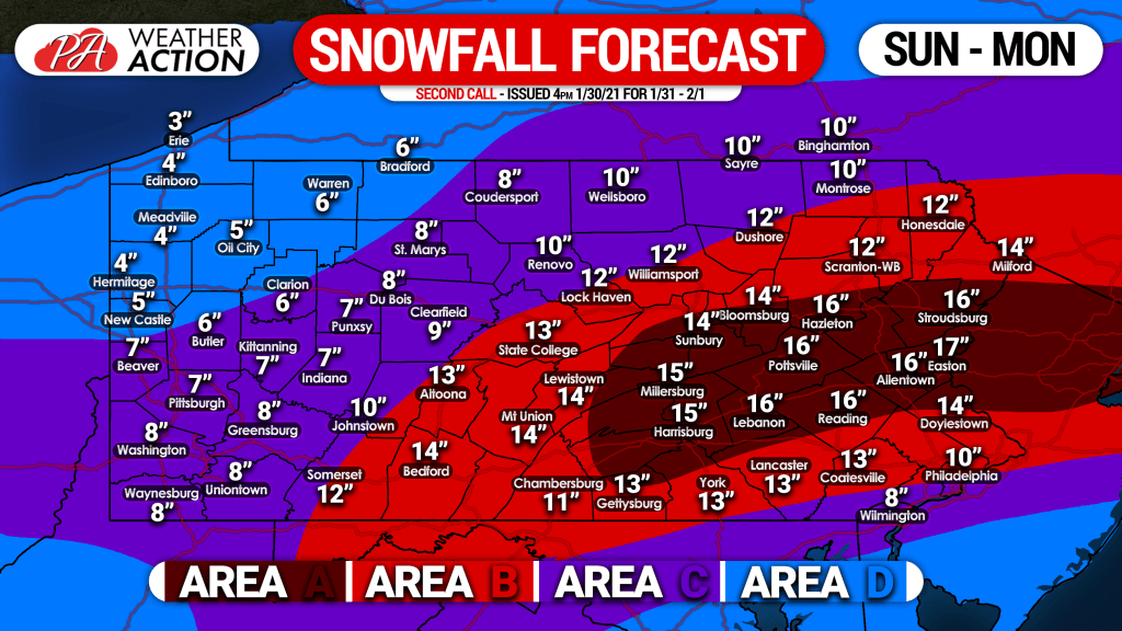 Second Call Snowfall Forecast for Sunday – Monday’s Major Snowstorm; Snow Amounts Increased for Most