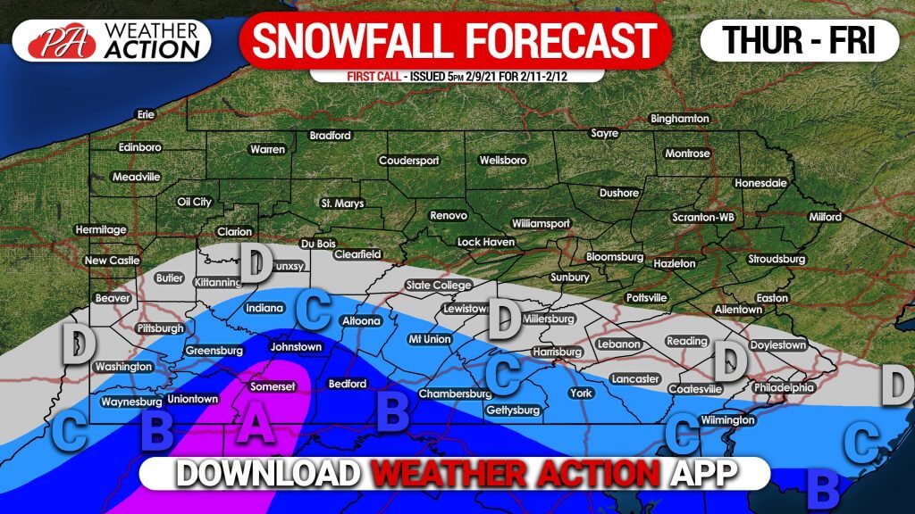 Two Waves of Light Snow Expected in Southern PA Thursday & Friday Morning