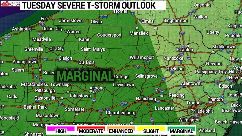 Marginal Risk for Strong to Severe Thunderstorms Today Across Most of Pennsylvania