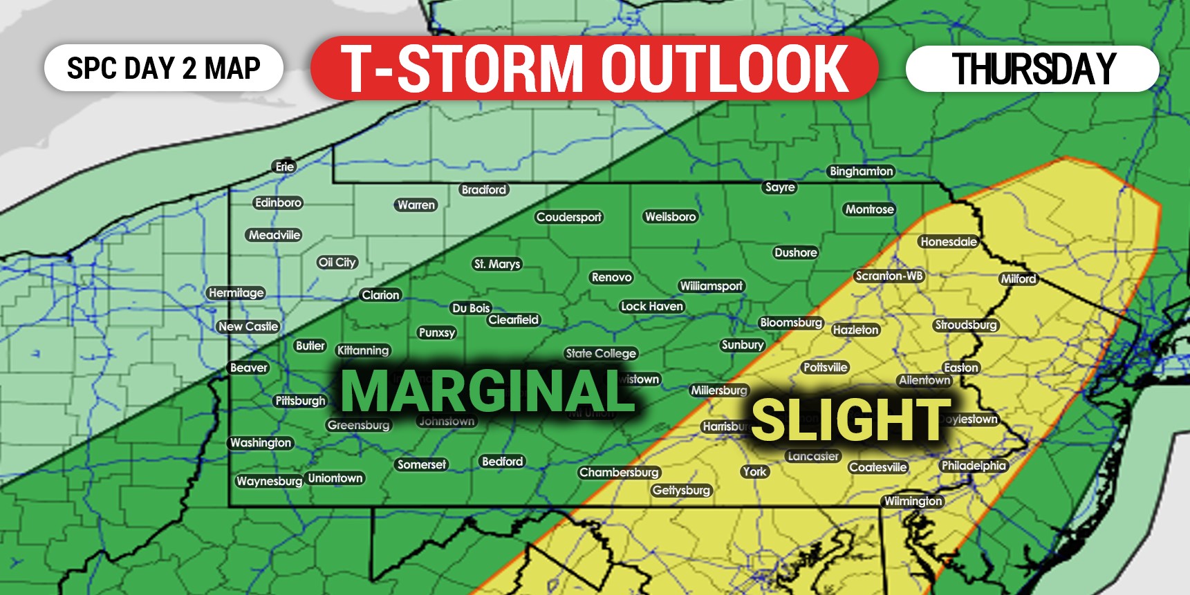 More of Pennsylvania Now Under Risk of Strong to Severe Thunderstorms