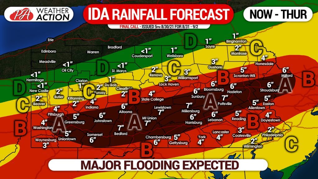 FINAL CALL RAINFALL FORECAST: Major Flooding Imminent as Remnants of Ida Likely to Dump 5-8″ of Rain for Many