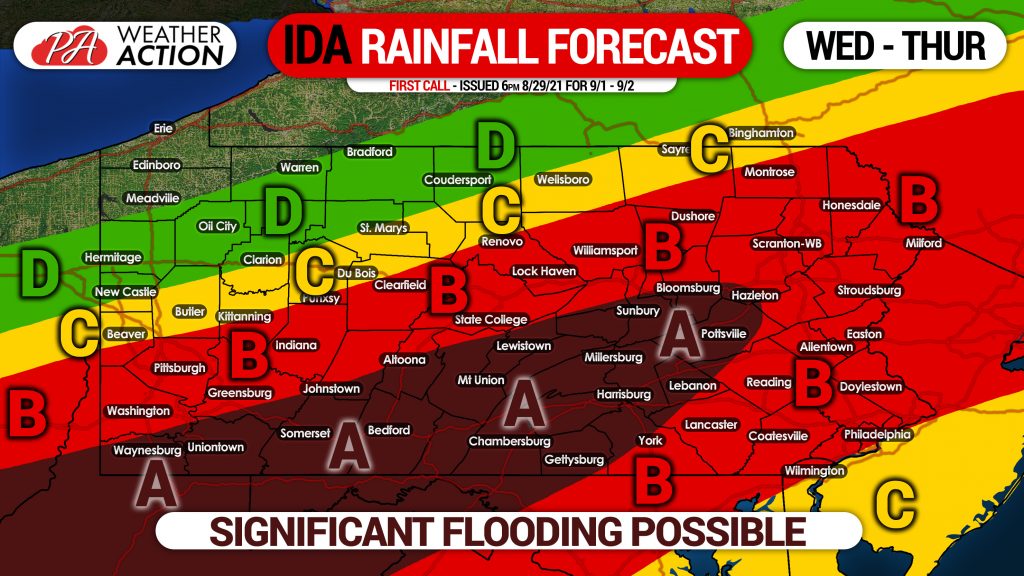 RAINFALL FORECAST: Hurricane Ida to Bring Flooding Rainfall to Areas of Pennsylvania Wednesday into Thursday