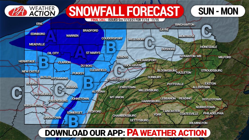 SNOWFALL FORECAST: First Widespread Snow Likely Sunday & Monday in Western Half of Pennsylvania