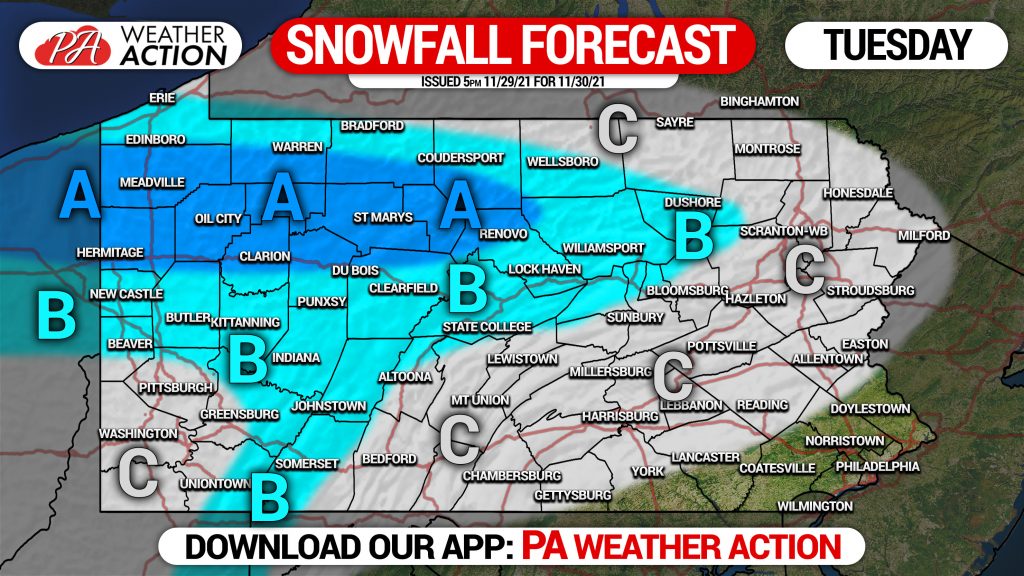 SNOWFALL FORECAST: Weak Clipper to Bring More Light Snow Showers Tuesday