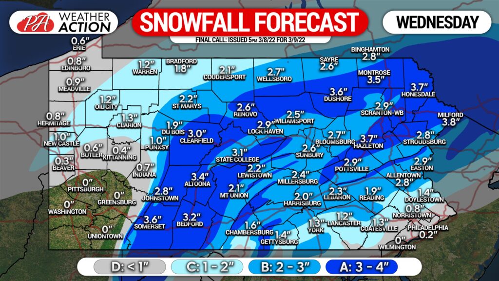 Final Call Snowfall Forecast for Wednesday’s Elevation-Dependent Snow