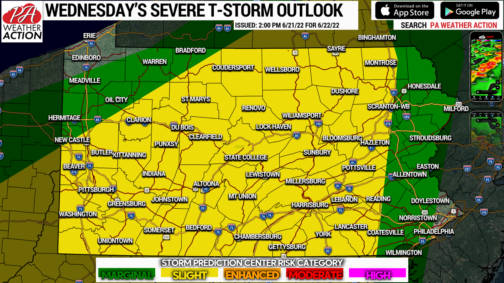 Active Wednesday Likely with Clusters of Strong to Severe Thunderstorms Mainly West of the Susquehanna River in Central & Western PA; Timing & Risks