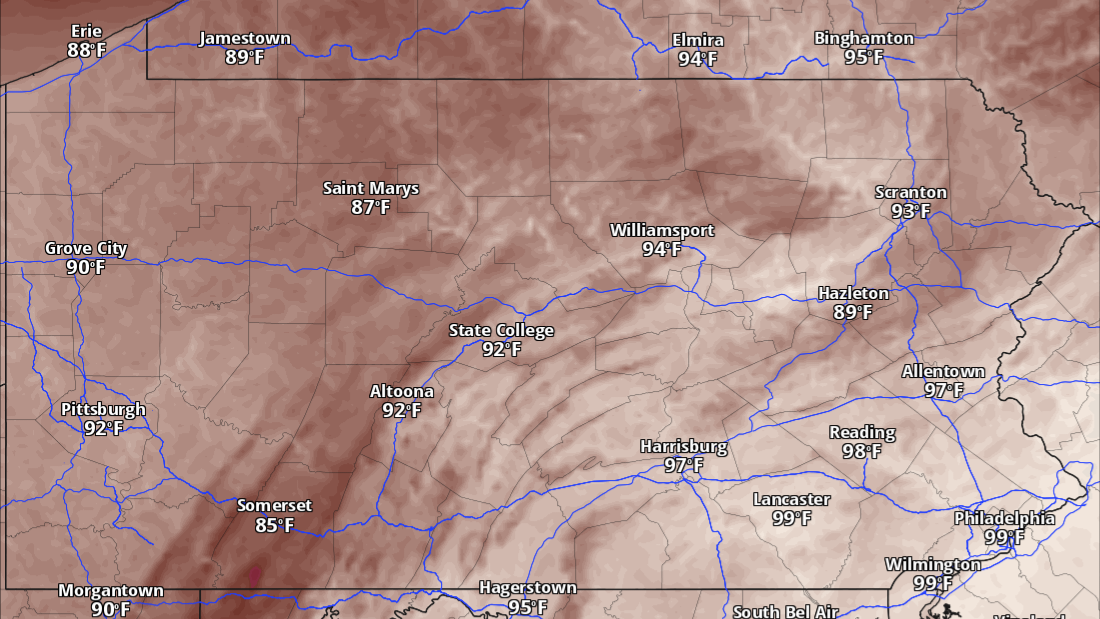 Scattered Thunderstorms Today in Eastern Half of PA, Followed By Heat Wave & Humidity