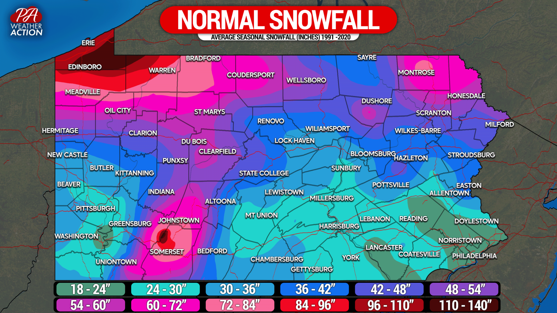 Average Snowfall in PA From 18 Inches to Over 12 FEET Of Snow, Where Does Your Town Rank