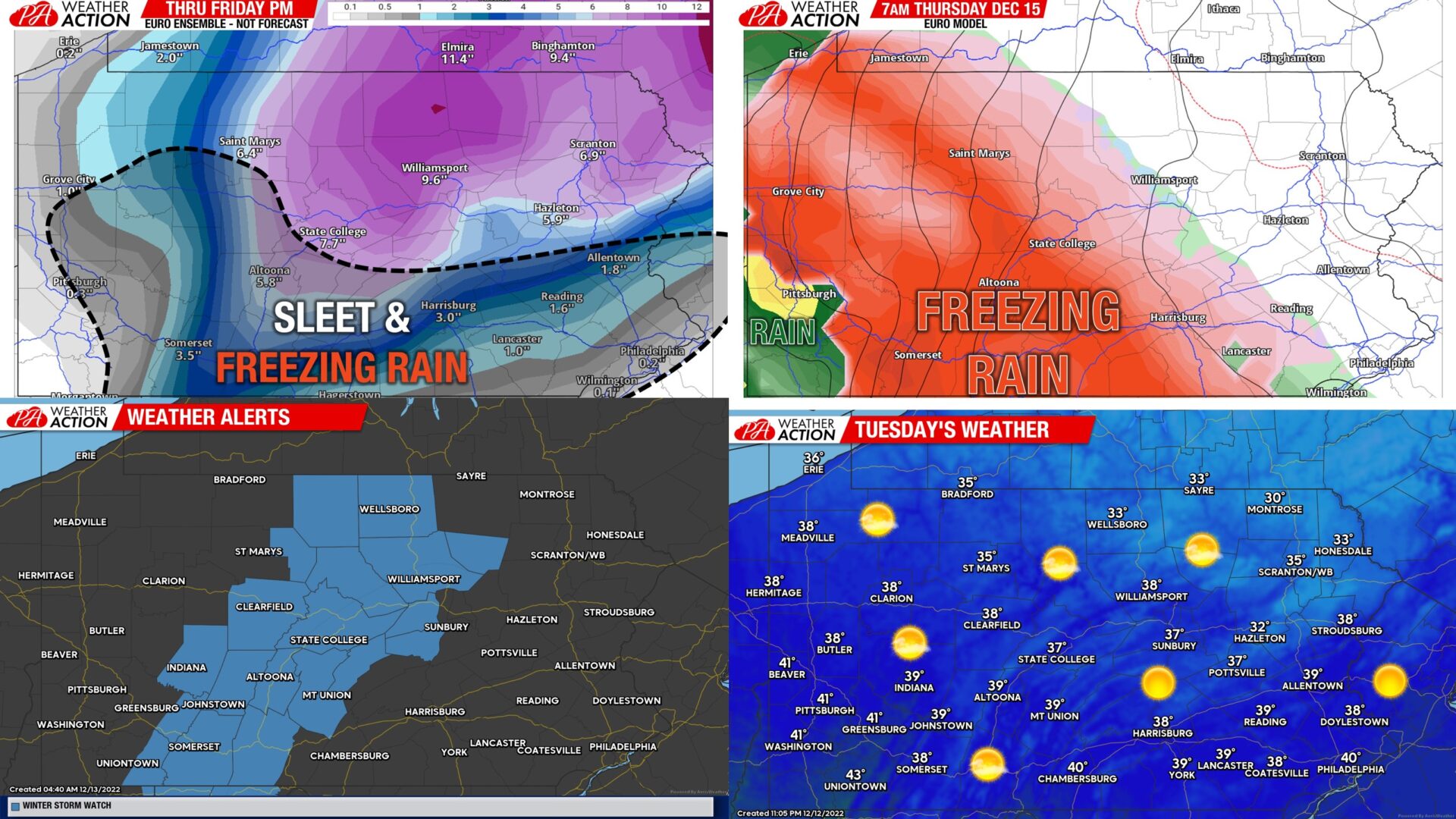 Tuesday December 13 Report: Threat of Ice Storm Rising for Thursday In Many Areas; Winter Storm Watches Issued