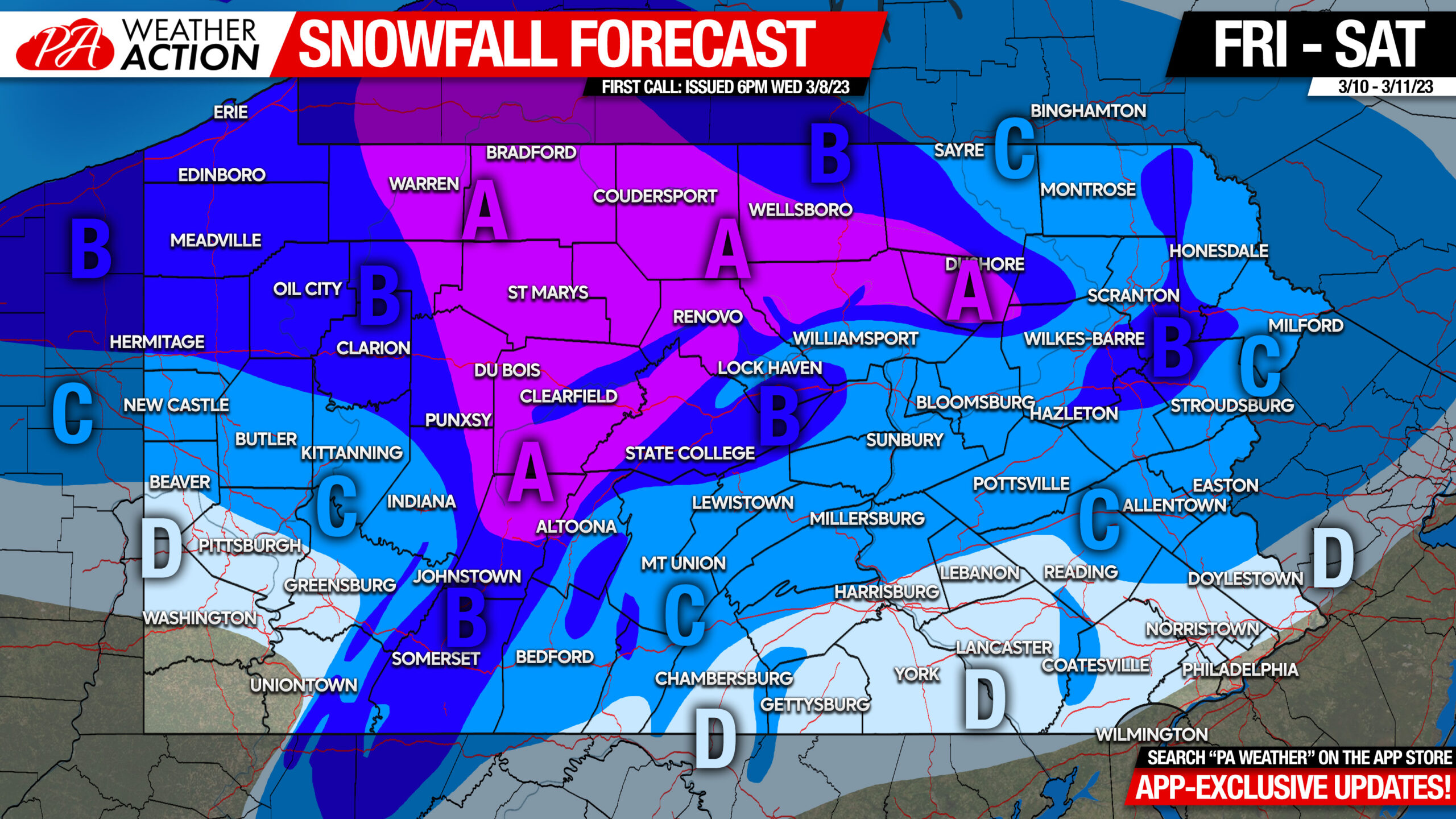 First Call Snowfall Forecast for Friday Saturday's Winter Storm PA