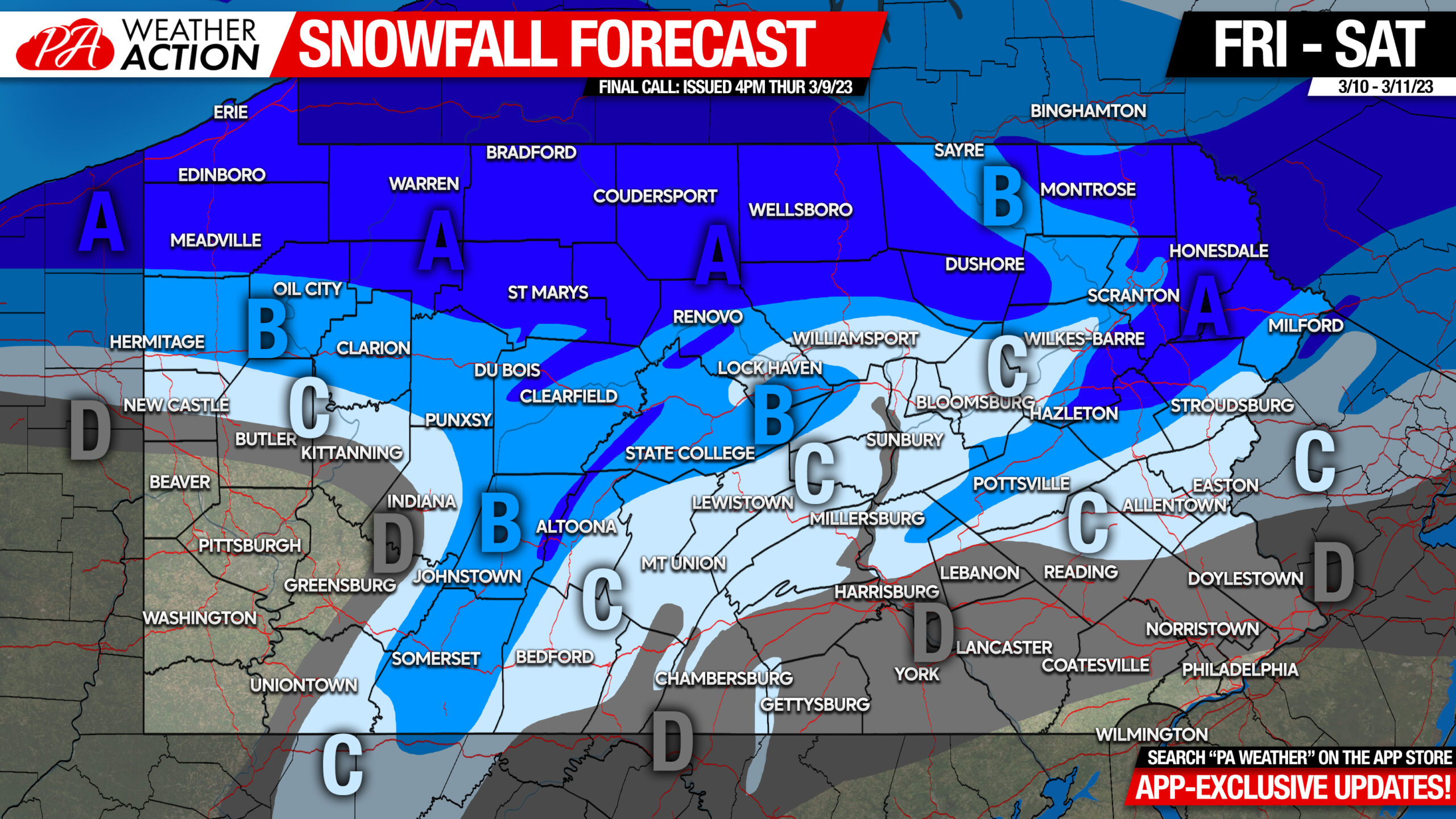 Final Call Snowfall Forecast for Friday Saturday's Winter Storm PA