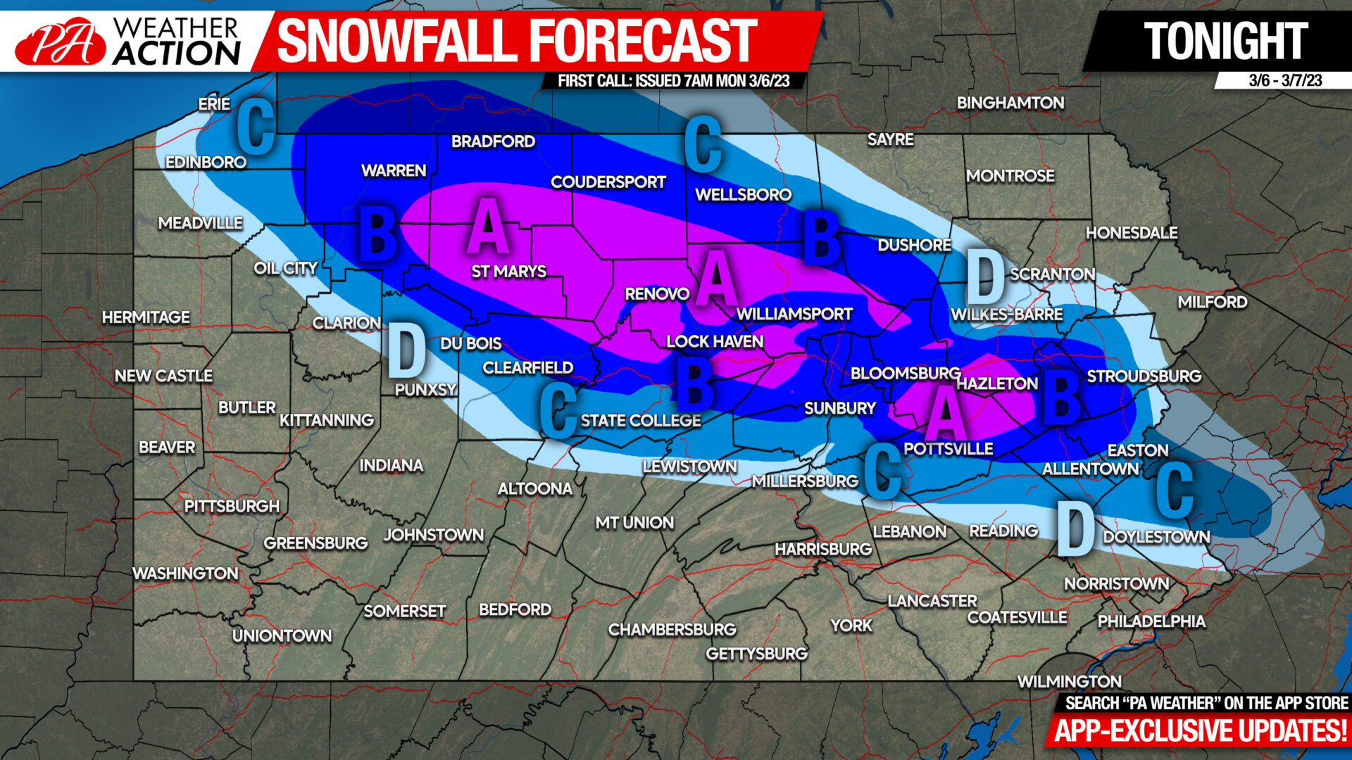 First Call Snowfall Forecast for Tonight’s Surprise Heavy Snow In Parts of Pennsylvania