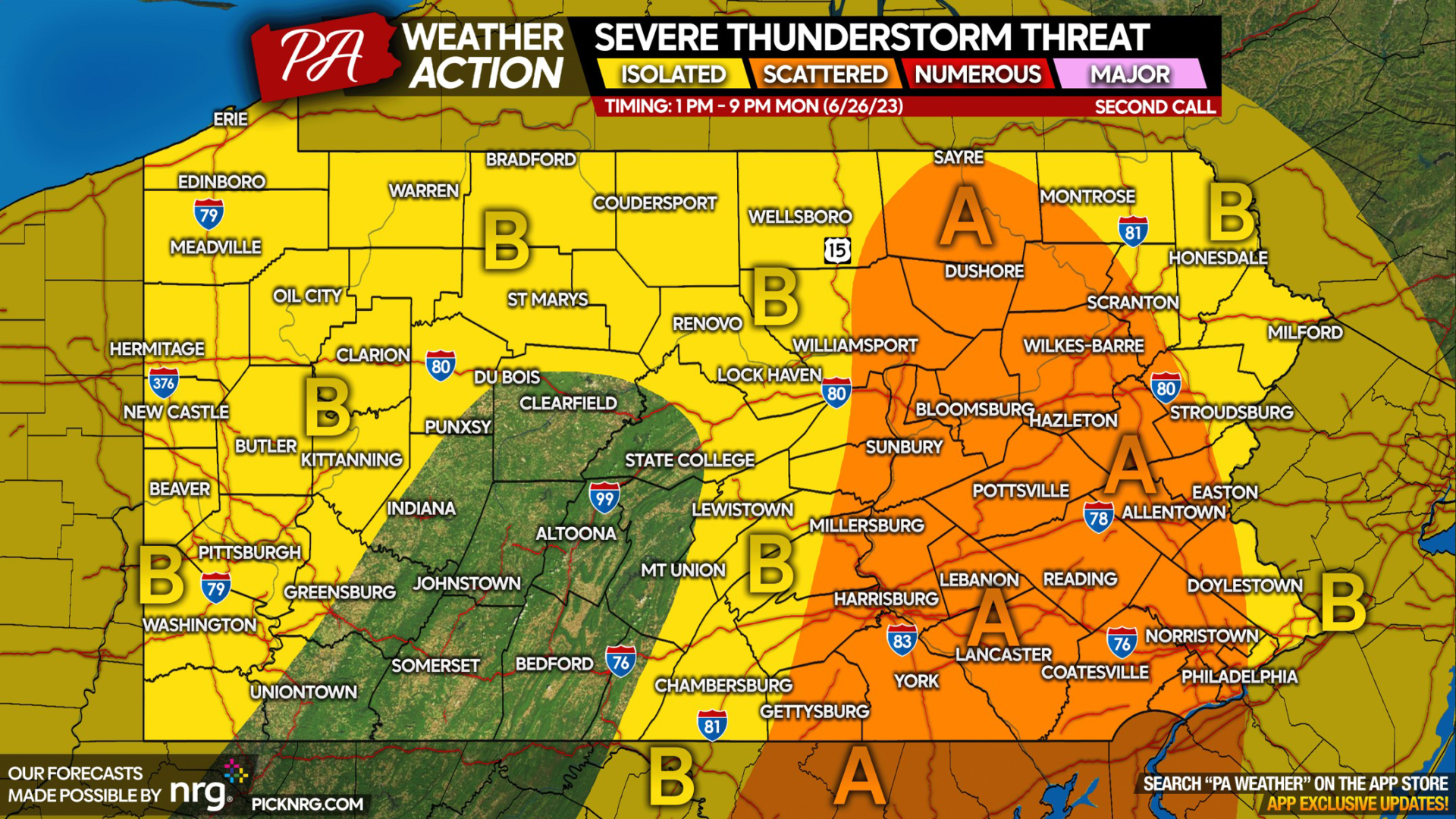 First Call Forecast for Monday’s Severe Thunderstorms in PA; Damaging Winds + Large Hail Possible