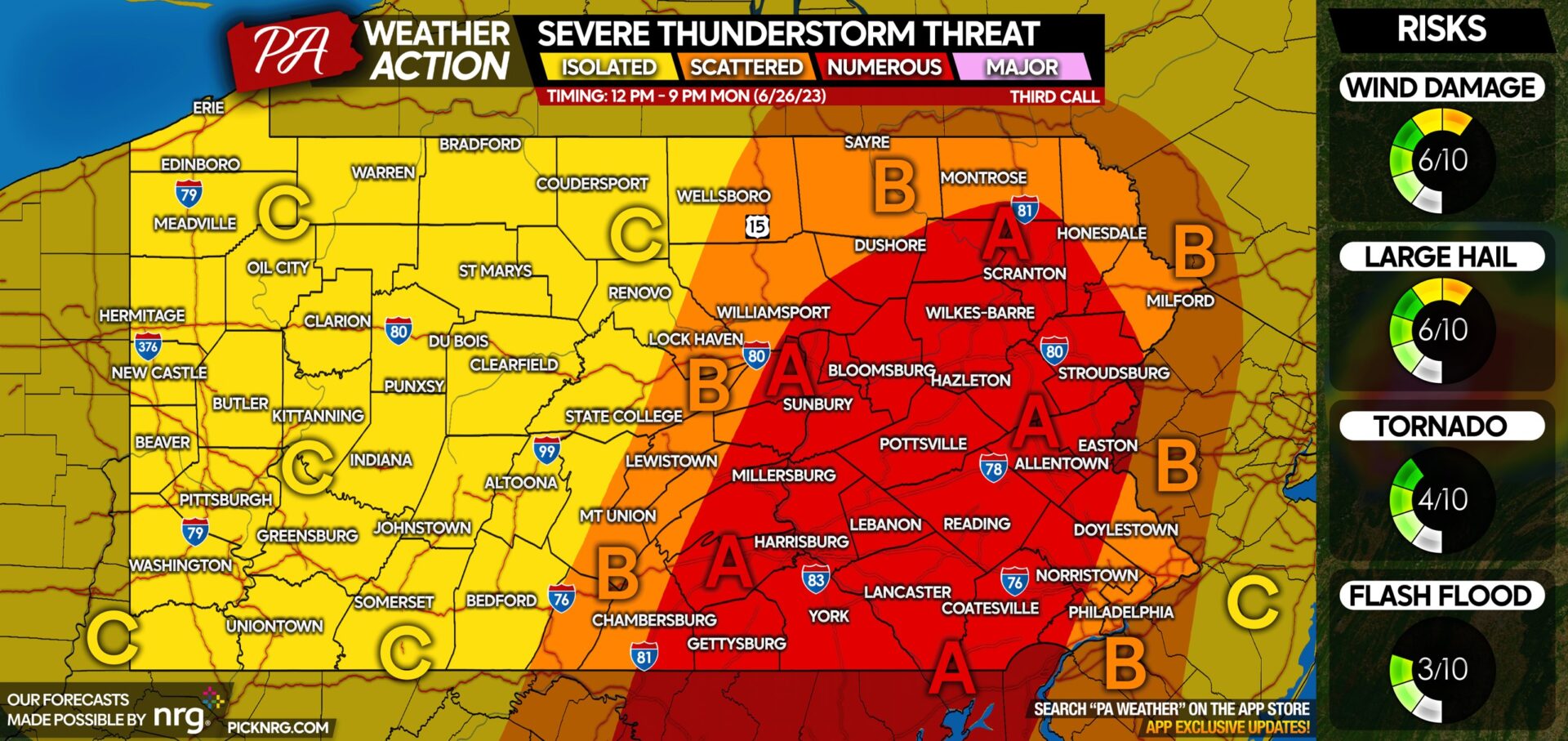 Numerous Severe Thunderstorms Possible Monday In Pennsylvania; Damaging Winds, Large Hail, Isolated Tornado Possible