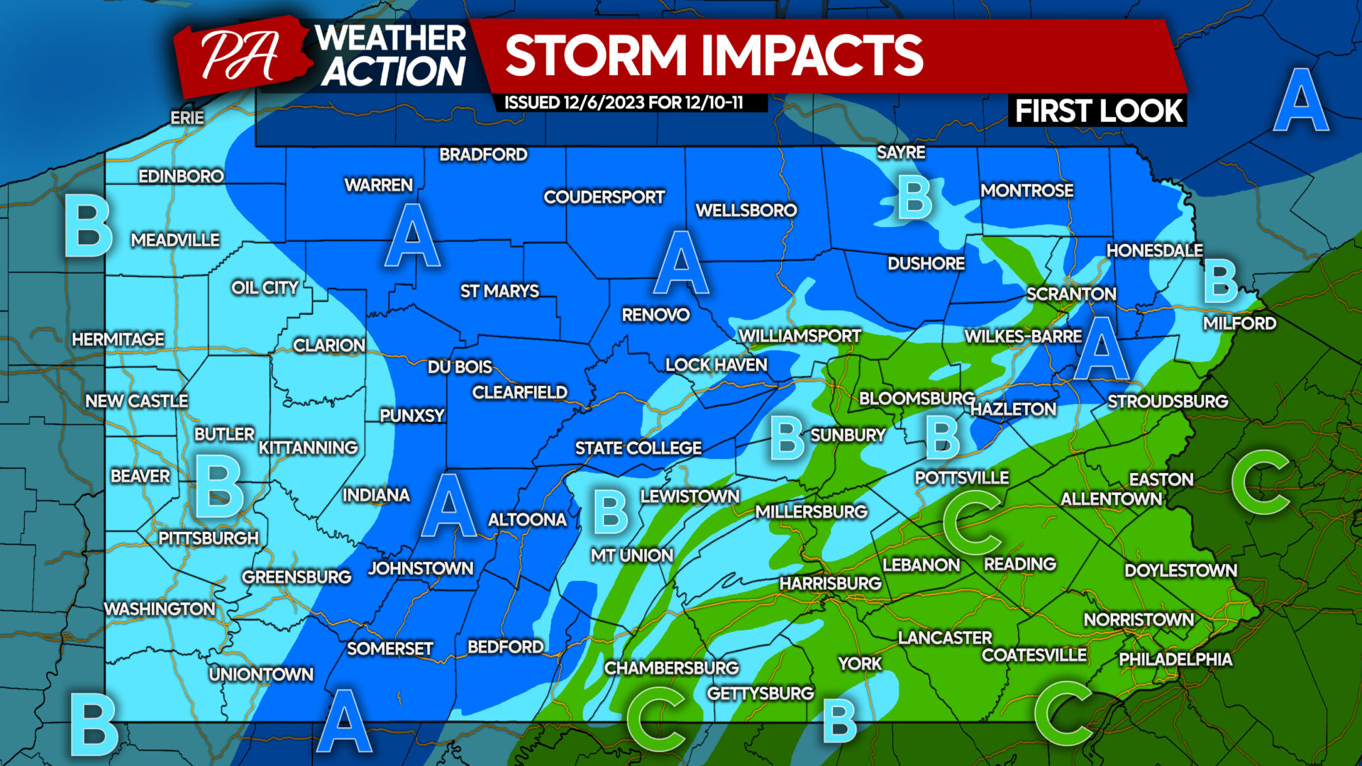 Rain to Snow Changeover Possible Sunday Night into Monday Morning in Areas of Pennsylvania; First Look at Snow Accumulation Potential