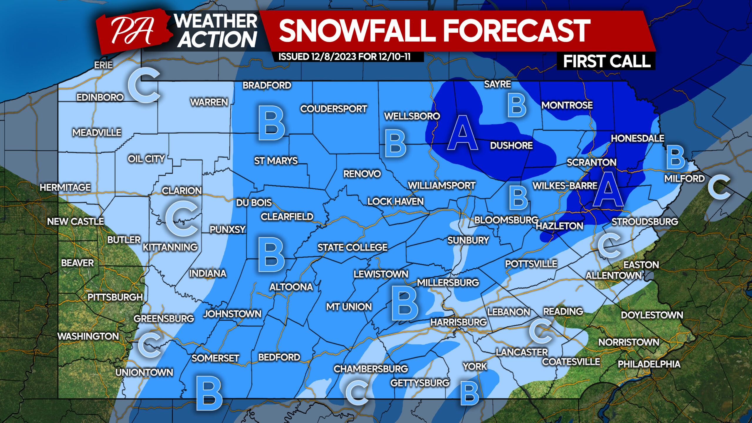 First Call Snowfall Forecast for Tonight's Surprise Heavy Snow In Parts of  Pennsylvania - PA Weather Action