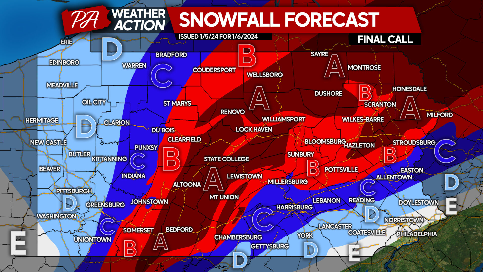 Final Call Snowfall Forecast for Saturday’s Significant Snowstorm in Pennsylvania