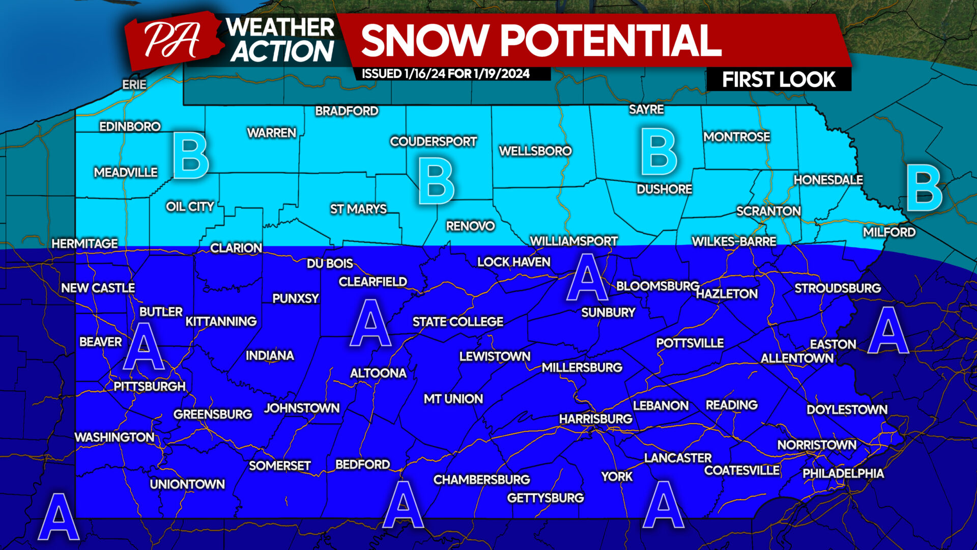 First Look At Snow Potential for Friday 1/19 In Much of Pennsylvania