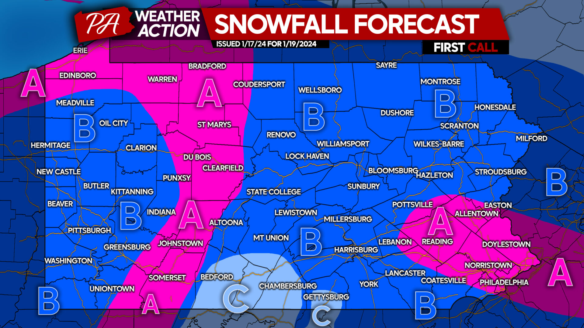 First Call Snowfall & Timing Forecast for Friday’s Snow in Pennsylvania