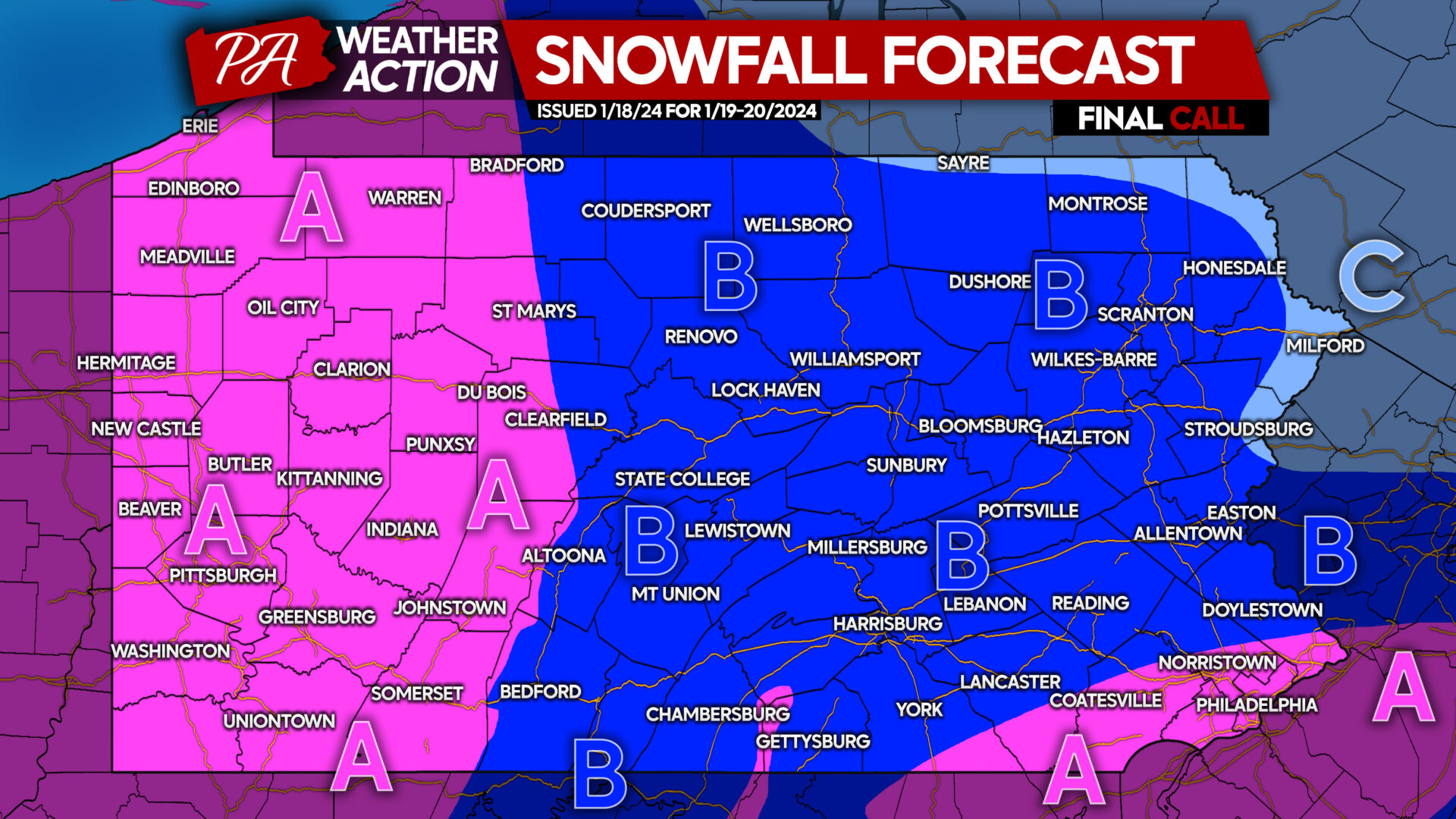 FINAL Call Snowfall Forecast for Friday’s Snowstorm in Pennsylvania