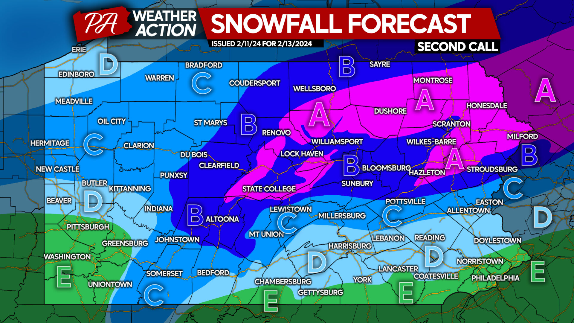 Second Call Snowfall Forecast for Tuesday’s Significant Winter Storm Across Pennsylvania