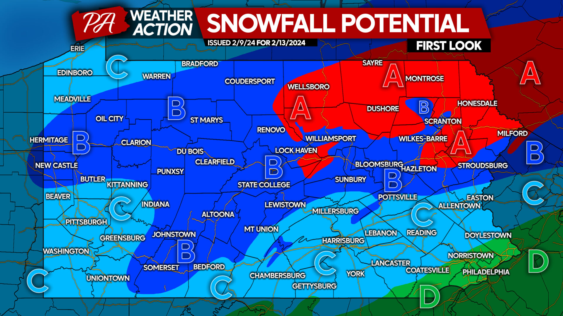 First Look At Significant Snowfall Potential for Tuesday 2/13 In Much of Pennsylvania