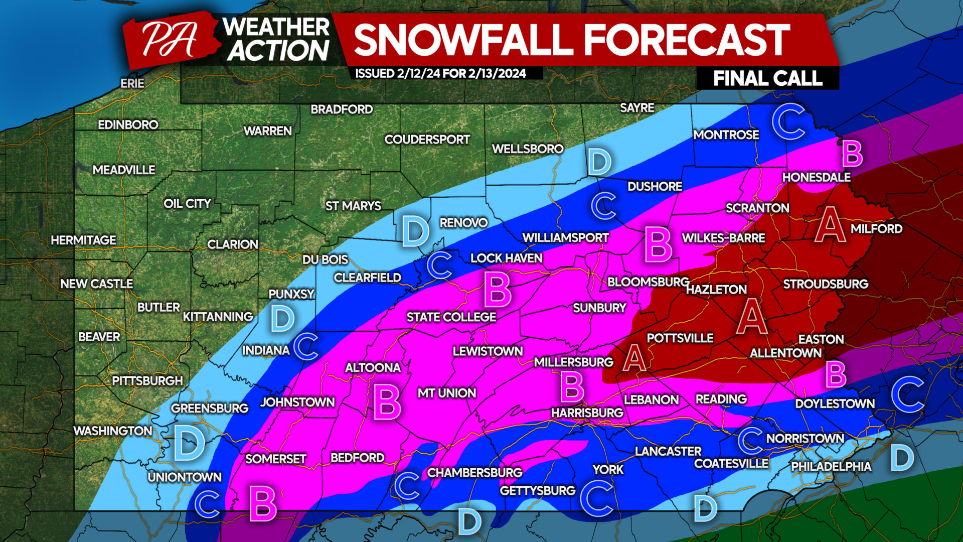Final Call Snowfall Forecast for Tuesday’s Significant Snowstorm in Pennsylvania; Major Changes to Forecast