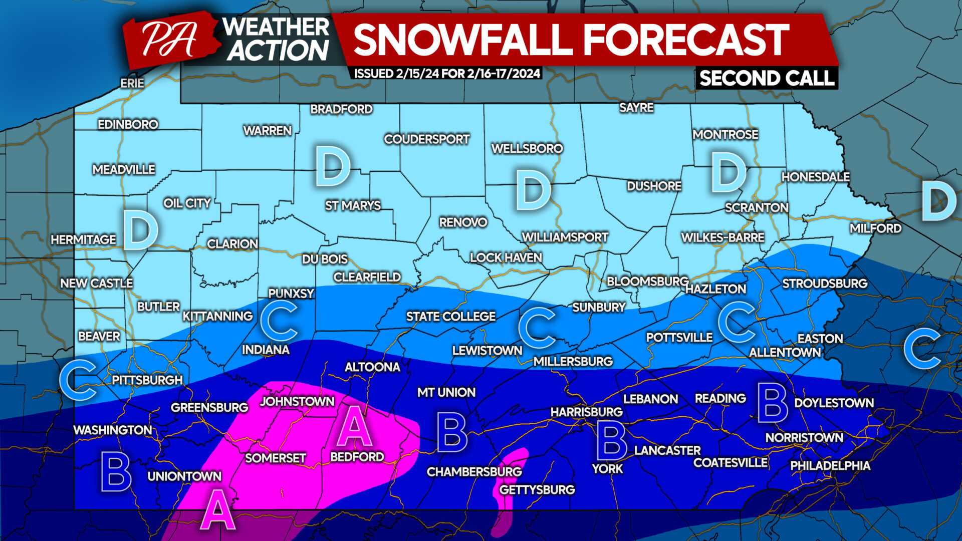 Second Call Snowfall Forecast for Early Weekend Snowstorm Across Parts of Pennsylvania (2/16-17)