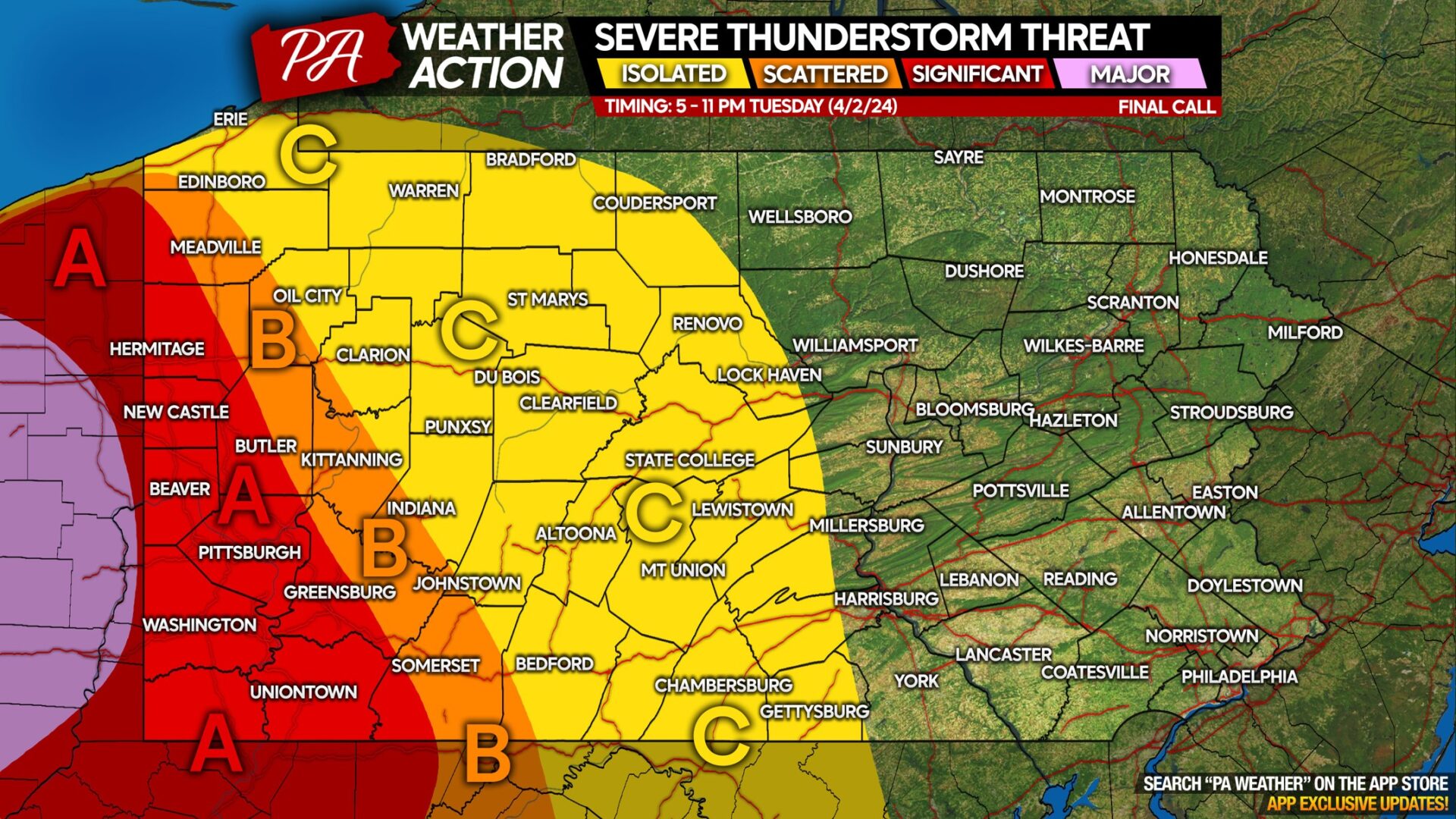 Tornado Outbreak Possible In Parts of Western PA Tuesday; Damaging Winds & Hail Also Possible