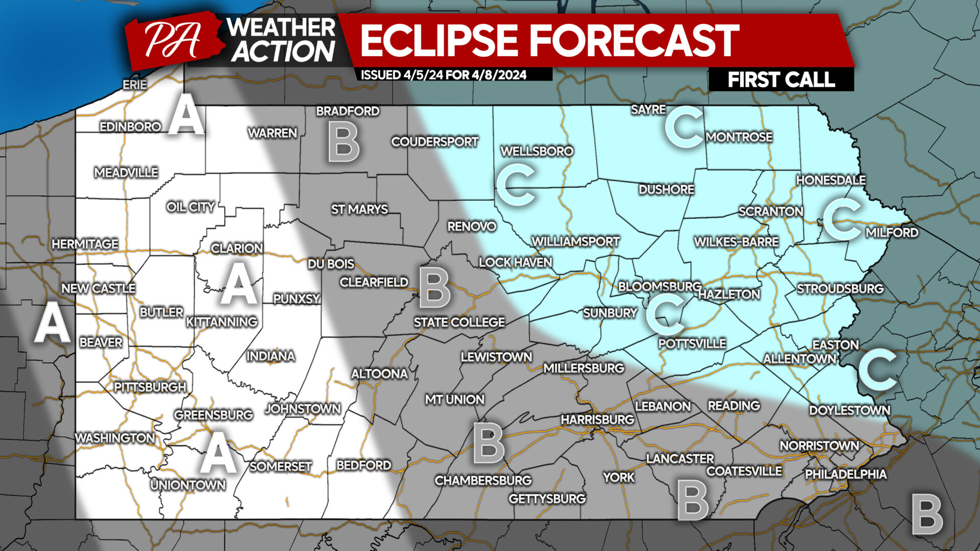 2024 Solar Eclipse Forecast for Pennsylvania: Unfavorable Conditions Likely In Path of Totality, What Does That Mean?